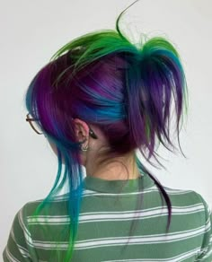 Crazy Vivid Hair, Purple Turquoise Hair, Purple Green And Blue Hair, Purple Green Hair Color, Hair Ideas Colored Dyed, Purple And Blue Hair Color Ideas, Cool Color Hair, Turquoise And Purple Hair, Blue Purple Hair Color