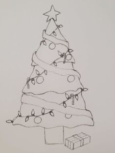 a drawing of a christmas tree with presents under it