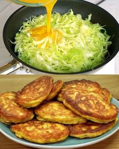 some food is being cooked in a skillet and then on the plate to be eaten