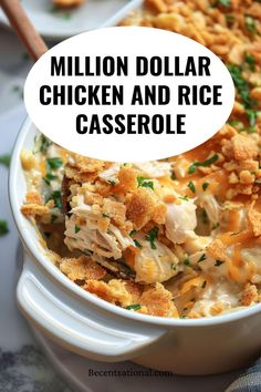 chicken and rice casserole in a white dish with a speech bubble