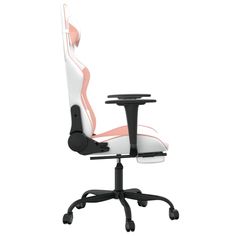 a white and black office chair with pink accents on the armrest, viewed from the front