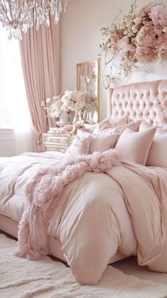 a bed with pink comforter and pillows in a bedroom next to a chandelier