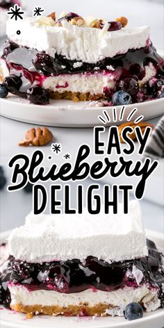 two plates with blueberry cheesecakes on them and the title overlay reads easy blueberry delight