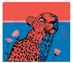 a drawing of a cheetah looking up into the sky with flowers in front of it