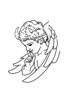 a black and white drawing of a man with angel wings on his head looking down