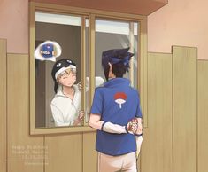 an anime scene with two people looking out the window