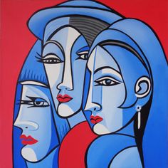 three women with blue hair and red background