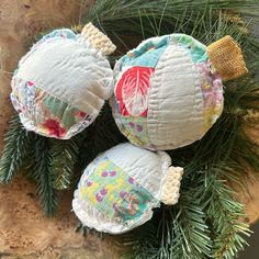 Handmade Vintage Quilt Christmas Ornament Bowl Filler Set of 3 | Antique Farmhouse Memory Christmas Ornaments From Shirts, Quilt Christmas Ornaments, Denim Ornaments, Repurposed Quilts, Quilt Ornaments, Cottage Throw Pillows, Quilted Fabric Ornaments, Sewn Christmas Ornaments, Christmas Decorations Sewing