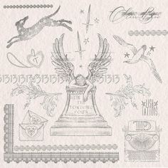 an image of some type of art work on paper with words and symbols around it