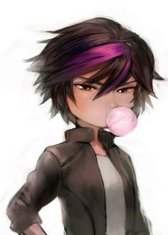 an anime character with purple hair blowing a bubble