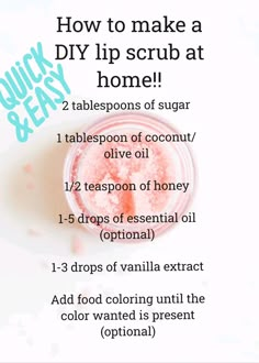 Credits to: @charlotsoccer Lip Sugar Scrub Recipe, Lip Scrub At Home, Homemade Hand Scrub, Easy Diy Lip Scrub, Edible Lip Scrub, Sugar Lip Scrub Diy, Diy Lip Mask, Scrubs Diy, Hand Scrub Homemade