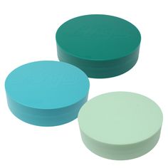 two green and one blue round containers