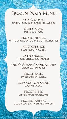 the frozen party menu is shown in blue and white