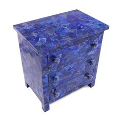 a blue painted wooden box with two drawers on one side and an open drawer on the other