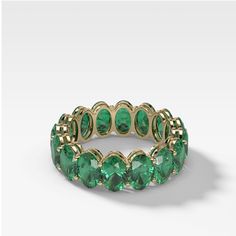 Green Emerald Oval Eternity Band by Good Stone in Yellow Gold Green Emerald Eternity Ring, Eternity Emerald Ring, Dark Green Rings, Green Jewellery Set, Oval Eternity Band, Emerald Cut Eternity Band, Emerald Eternity Ring, Pave Diamond Wedding Bands, Sapphire Eternity Band