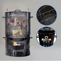 an image of a bbq grill with food cooking in it and two pictures of the grill