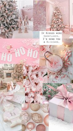 pink and white christmas collage with presents, trees, gifts and other things in the background