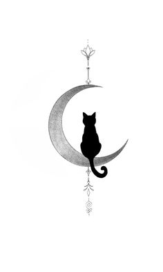 a black cat sitting on top of a crescent with a tree in the sky behind it