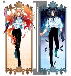 two anime characters are standing next to each other in front of an ornate framed mirror