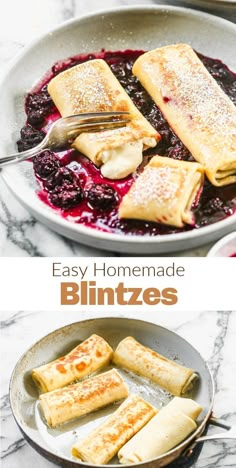 homemade crepes in a skillet with blueberry compote and butter