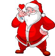 a cartoon santa clause holding a heart in one hand and giving the peace sign to someone else