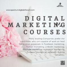 a pink flower sitting next to a keyboard on top of a white table with the words digital marketing courses