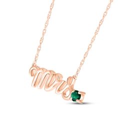 Mark a bride's change of status with this charming necklace featuring "Mrs." spelled out in elegant 10K rose gold letters. A lab-created emerald perfectly punctuates the word art, adding a pop of color and making it a delightful piece to highlight the wedding colors or unique sense of style of the wife-to-be. The pendant rests amidst an 18-inch rope chain that secures with a spring ring clasp. Rose Gold Necklace For Wedding, May Birthstone, Mrs Necklace, Wife To Be, Lab Created Emerald, Gold Letters, Rope Chain, Word Art, Spring Rings, Wedding Colors