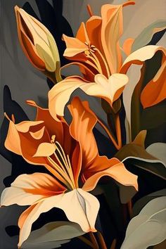 a painting of orange flowers with green leaves