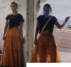 Lily James Mamma Mia Outfits, Mama Mia Skirt, Mama Mia 2 Outfits, Young Donna Aesthetic, Mama Mia Orange Skirt, Mamma Mia Outfits Inspiration Sophie, Mamma Mia 2 Outfits Lily James, Mamma Mia 2 Outfits