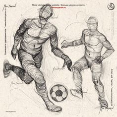 a drawing of two men kicking a soccer ball