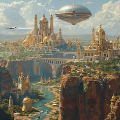 a futuristic city surrounded by mountains and water with a flying saucer in the sky