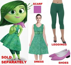 a woman in green dress next to shoes and scarf leggings with the words sold separately