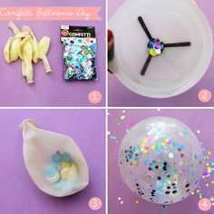 four different pictures with confetti, candy and banana peels in them on the table