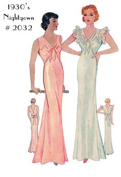 "This is a digital, print-at-home PDF sewing pattern for a 1930s Ladies' nightgown. Rather have a paper pattern? Add that to your order here: (Choose Paper Size E ) https://www.etsy.com/listing/766508293 The gown can be sewn in two versions and features a geometrically shaped bodice, bow tie front, a deep-cut V back neckline, bias-cut skirt, and optional ruffle sleeves. Year: 1934-1935. Size: One size only at this time. Bust: 36\" Hip: 39\" Fabric Requirements: See last photo. Difficulty level: Vintage Clothes Patterns, Nightgown Pattern, Blithe Spirit, Lingerie Patterns, Bias Cut Dress, Bias Cut Skirt, Womens Clothing Patterns, Vintage Nightgown, 1930s Fashion