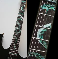 an electric guitar with green and blue designs on it