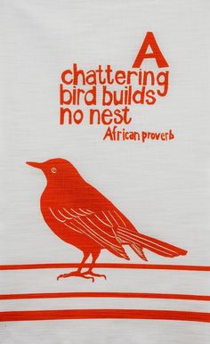 a red bird sitting on top of a white towel with the words, chatting birds no nest african provet