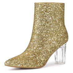 Can't help falling in love with these sparkly booties. The Glitter Ankle Boots have high block heels, a pointed toe, a low shaft that zips up the inside, and a safe cover on the mouth of shoes to prevent rubbing from the glitter. The glitter design will make you stand out in the crowd. It is a great choice for dating and hanging out with friends. It will win your heart via your feet. Halloween Costume Boots, Glitter Ankle Boots, Gold Ankle Boots, High Block Heels, Can't Help Falling In Love, Clear Block Heels, Gold High Heels, Chunky Heel Ankle Boots, Party Heels