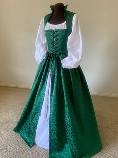 Hunter Green Damask Irish Renaissance Over Gown Dress Made to Fit You Limited Quantity Sage Green Also Available - Etsy Damask Gown Styles, Rennaissance Dress, Forest Cosplay, Ren Faire Dress, White Chemise, Irish Costumes, Tudor Gown, Irish Dress, Bbc Musketeers