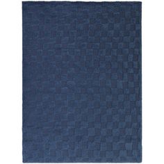 a blue rug with squares on the bottom and one square in the middle, against a white background