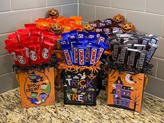 halloween candy bags are stacked on top of each other