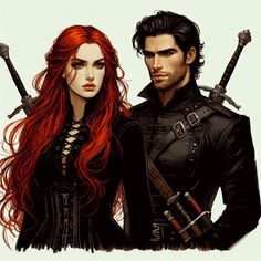 a man and woman dressed in black standing next to each other with swords on their shoulders