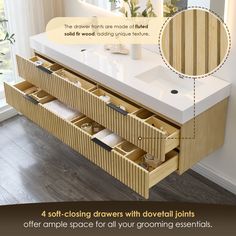 a bathroom vanity with drawers on the side and an advertise above it that says, 4 soft - closing drawers with dowetil options offer space for all your growing essentials