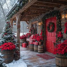 christmas decorations on the outside of a cabin