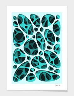 a blue and black abstract art print with circles on the bottom, in front of a white background