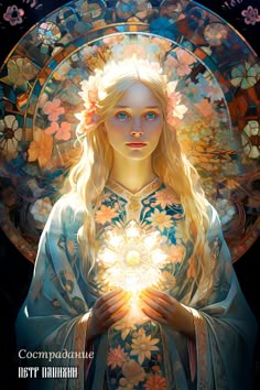 a woman with long blonde hair holding a light in her hands and surrounded by flowers