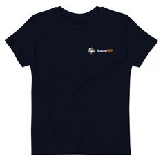 navy blue t - shirt with naval logo on the chest and an orange stripe across the chest