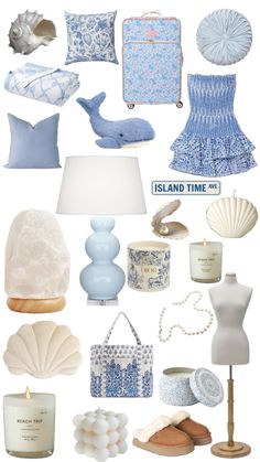 blue and white items are arranged in the shape of a collage with text that reads island time