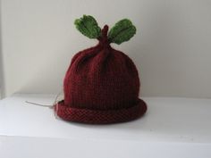 a red knitted hat with two green leaves on the top and bottom, sitting on a shelf