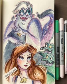 a drawing of the characters from disney's beauty and the beast on paper next to markers