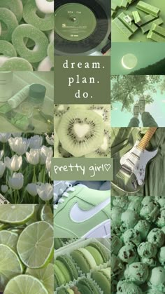 green and white collage with the words dream plan do pretty guys on it's side